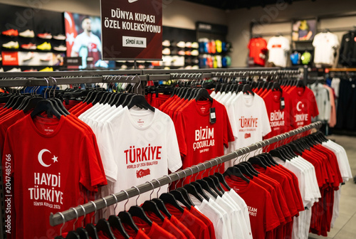 Red and white Turkey national football team fan apparel and t shirts hanging on racks in a modern sports retail store