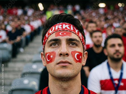 Close up portrait of a male Turkish football fan with face paint in stadium.