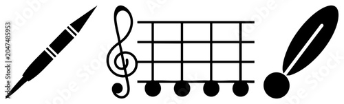 Sleek composition featuring a treble clef, musical staff, and a fountain pen nib, often called a writing quill or ink tool. This ink tool and sheet music set creates a rhythmic flow.