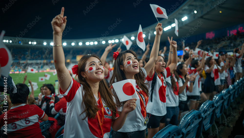 Fototapeta premium スタジアムで国旗ペイントの日本人たちが声援を送る写真