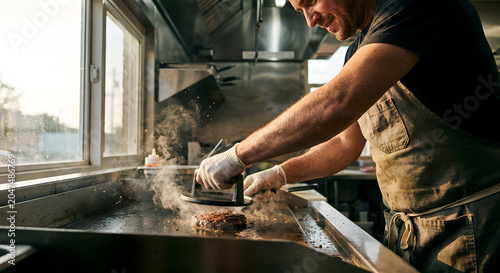 Chef pressing smash burger on griddle in food truck kitchen