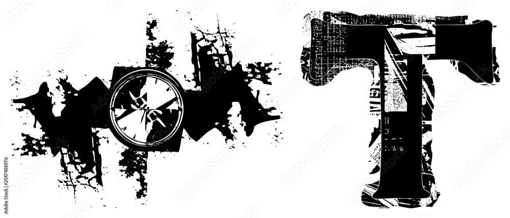 Obraz premium Gritty textured letter T featuring urban decay alongside a messy ink blot or blotch. This distressed typeface and splat style graphic offer a raw, punk aesthetic.