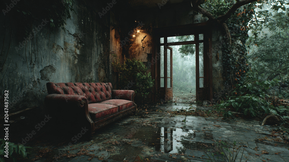 Obraz premium Abandoned Room with Old Sofa Overgrown with Plants and Vines in Rainy Forgotten Interior