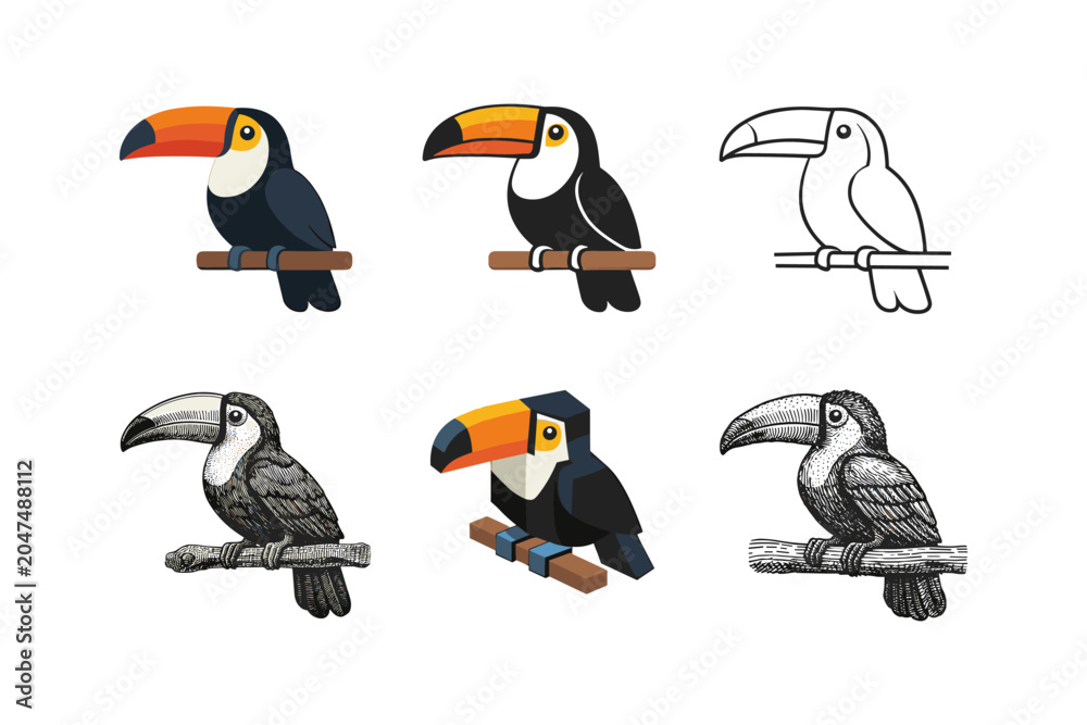 Fototapeta premium Collection of six toucan illustrations in various artistic styles on a white background