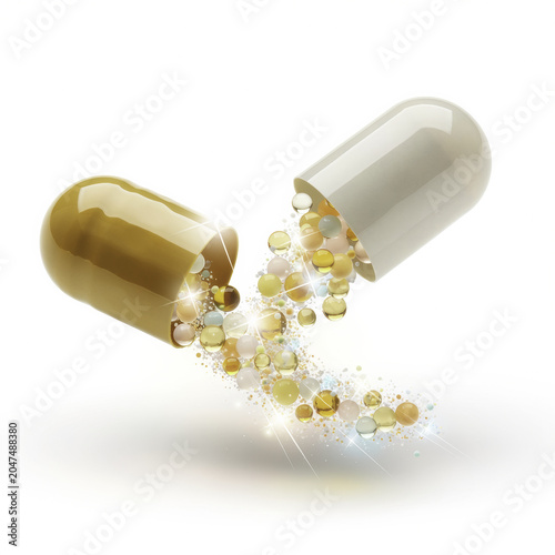 Capsule pill medicine split half burst glowing supplement particle bead open capsule pill split half with glowing bead burst, golden liquid particle, medical supplement concept white background