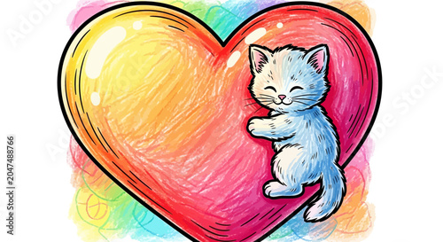 Foto Cute Cartoon Kitten Hugging a Vibrant Rainbow Heart