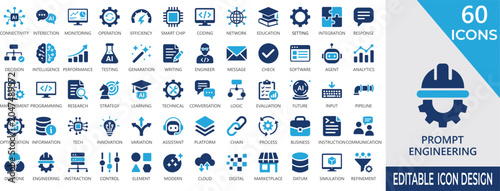 Tableau sur toile Prompt engineering solid icon set with machine learning, , connectivity, interaction, optimization, intelligence, education, generate, and ai productivity symbols