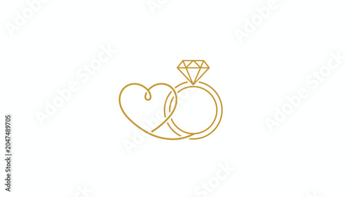 Golden wedding ring, heart shape, diamond ring, love symbol, vector icon