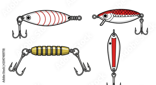 Fishing lures, metal baits, hooks, tackle, fishing gear, colorful lures, four lures