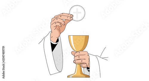 Bild auf Leinwand Eucharist, communion, priest hands holding host and chalice, gold cup, white rob