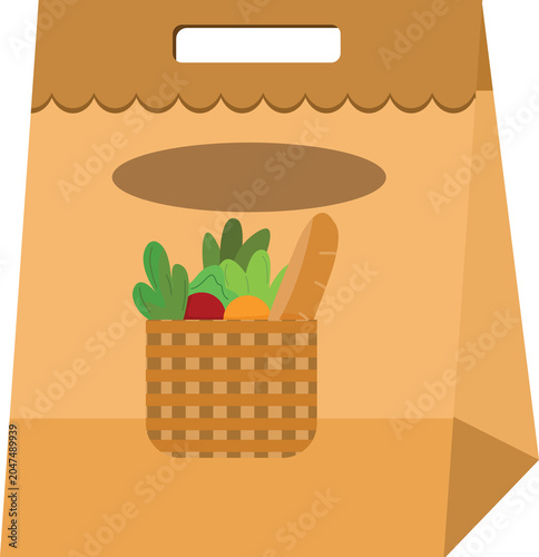 Brown paper grocery bag filled with fresh vegetables and bread, emphasizing organic food and healthy eating.