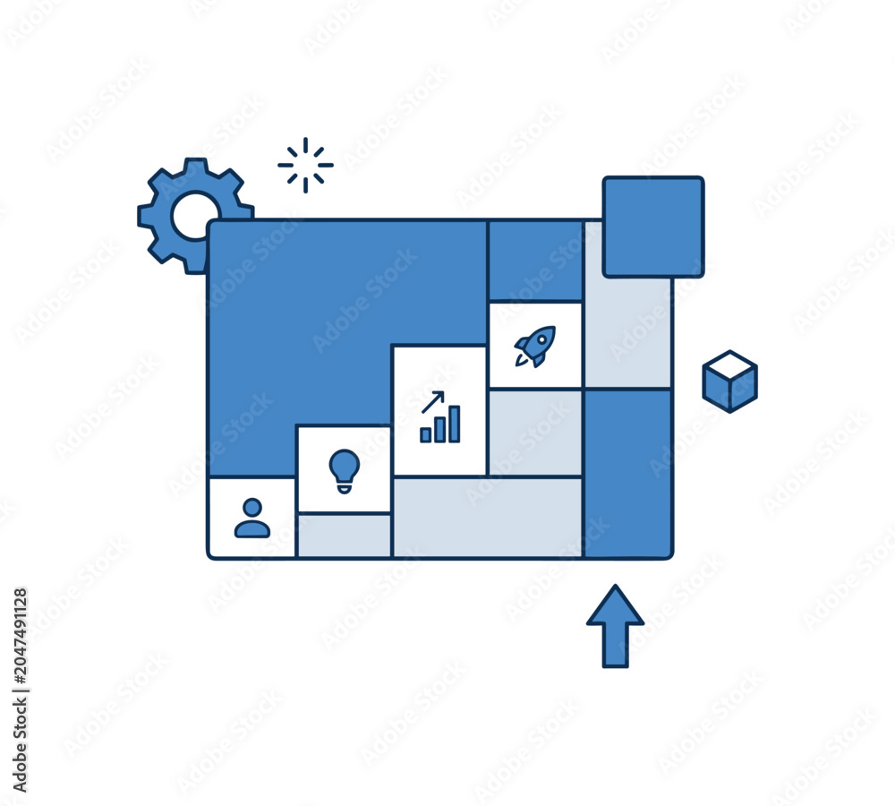 Fototapeta premium Minimal innovation dashboard panel as product with simple rectangular layout and evolving blocks representing ideas and