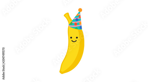 Cute Banana Character Wearing Party Hat for Celebration.