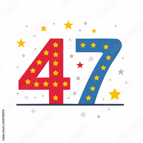 Number 47 with Stars and Confetti