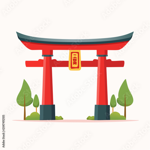Red Torii Gate with Japanese Characters and Trees