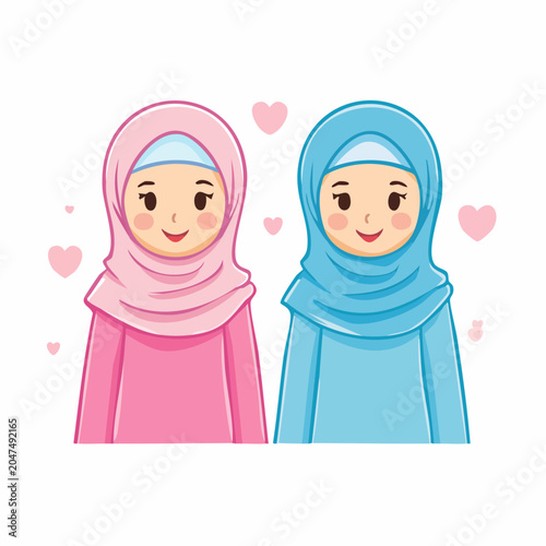 Two Muslim Girls Wearing Hijabs with Hearts