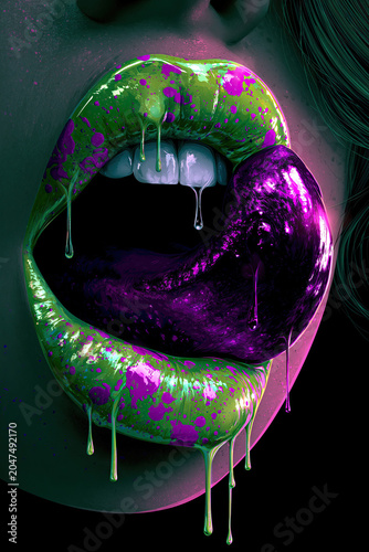 Neon Green and Purple Painted Lips with Glossy Texture