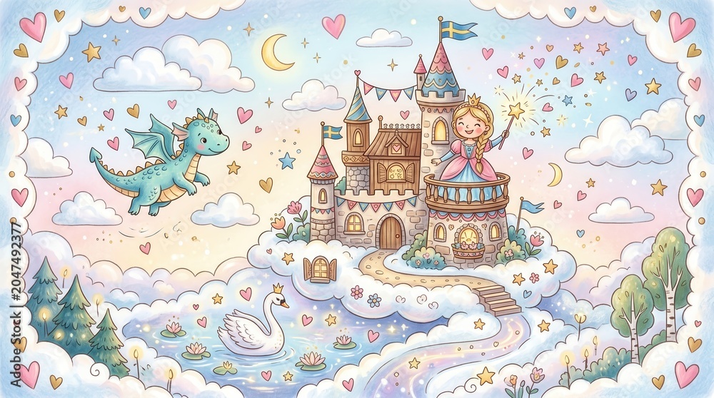 Naklejka premium Cheerful princess waves magic wand from castle balcony as a dragon flies and swan swims