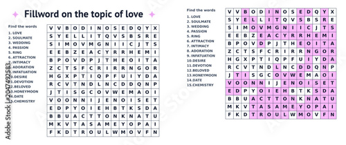 Word search puzzle featuring terms related to love and relationships  