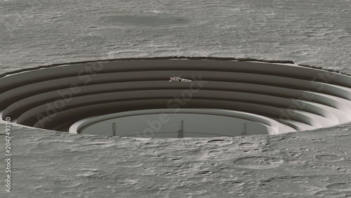 Massive Circular Lunar Base Moon Crater Concentric Rings Futuristic Outpost Spacecraft Deep Shaft Sci Fi Architecture Vast Lunar Surface 3d illustration