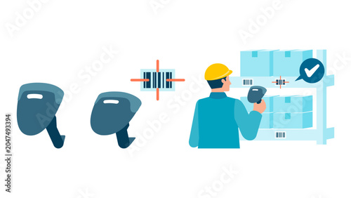 Tableau sur toile A warehouse worker scanning package barcodes with a gun type barcode reader duri