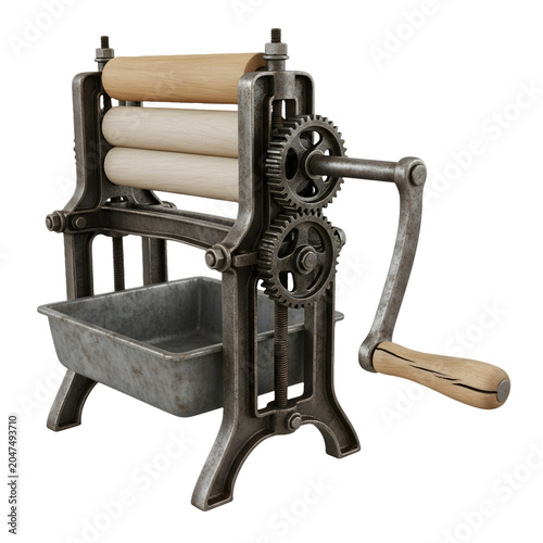An antique laundry wringer with a metal frame and wooden rollers Photo realistic image. png