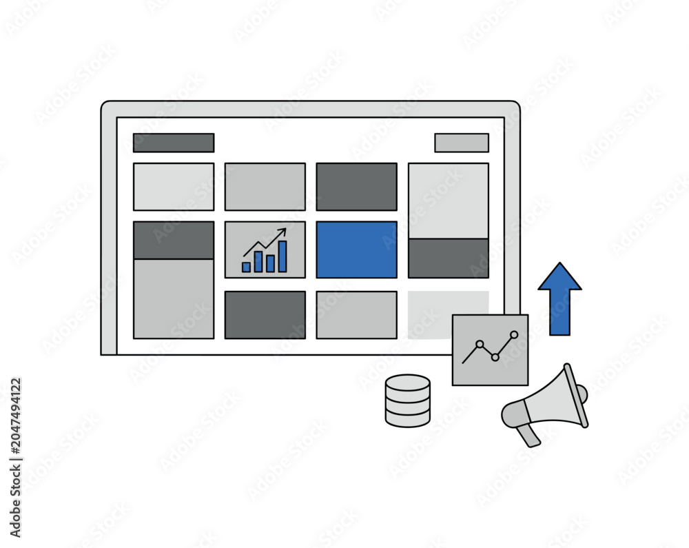 Obraz premium Minimal analytics dashboard screen as product with simple rectangular layout and abstract performance blocks, surrounded