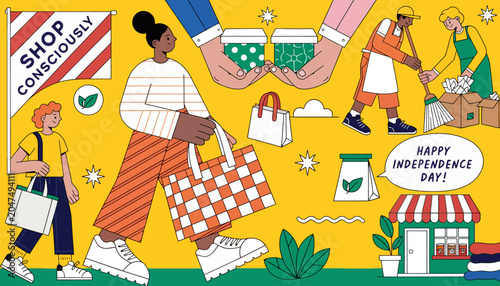 Diverse people embracing sustainable shopping and community spirit on a sunny day