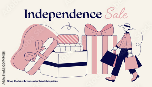 Festive Independence Sale with gift boxes and shopper carrying bags