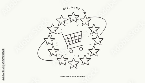 Shopping cart surrounded by stars representing discounts and savings, symbolizing a great deal.