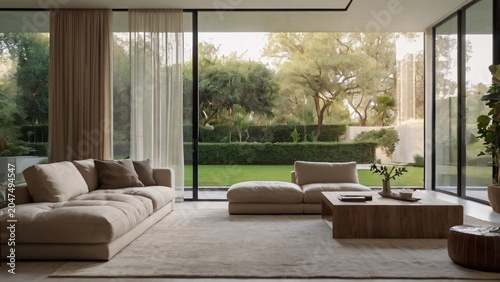 Modern living room with large windows overlooking a green garden