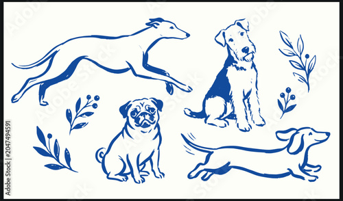 Billede på lærred Stylized dog breeds greyhound terrier pug and dachshund with botanical accents i