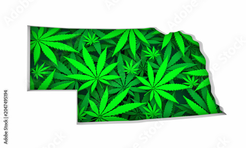 Nebraska NE Map Marijuana Pot Leaves State Law CBD THC Pot Cannabis 3d Illustration