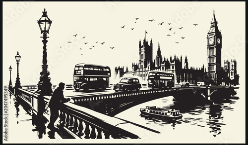 Photos London cityscape illustration with big ben parliament bridge river thames vehicl