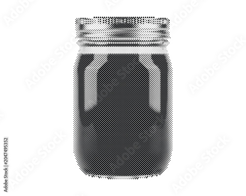 Retro halftone vector illustration of an empty glass jar with circle dot pattern isolated on white background