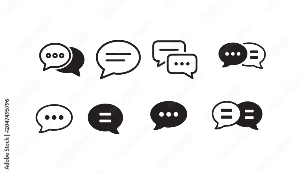 Obraz premium Speech bubble and chat message icon variety pack with outline and solid conversation graphic style.