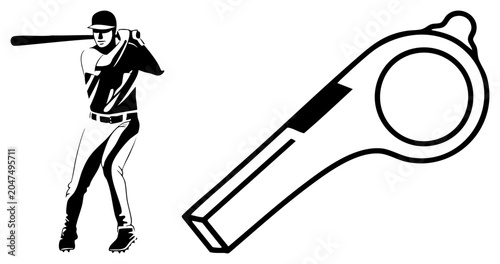 Powerful slugger holding a bat alongside a classic sports whistle, featuring a stencil aesthetic. This batter and officials tool set captures the intensity of the diamond game.
