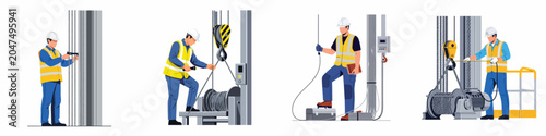 Foto Set of industrial workers performing maintenance and inspection on heavy lifting machinery, cables, and winch systems