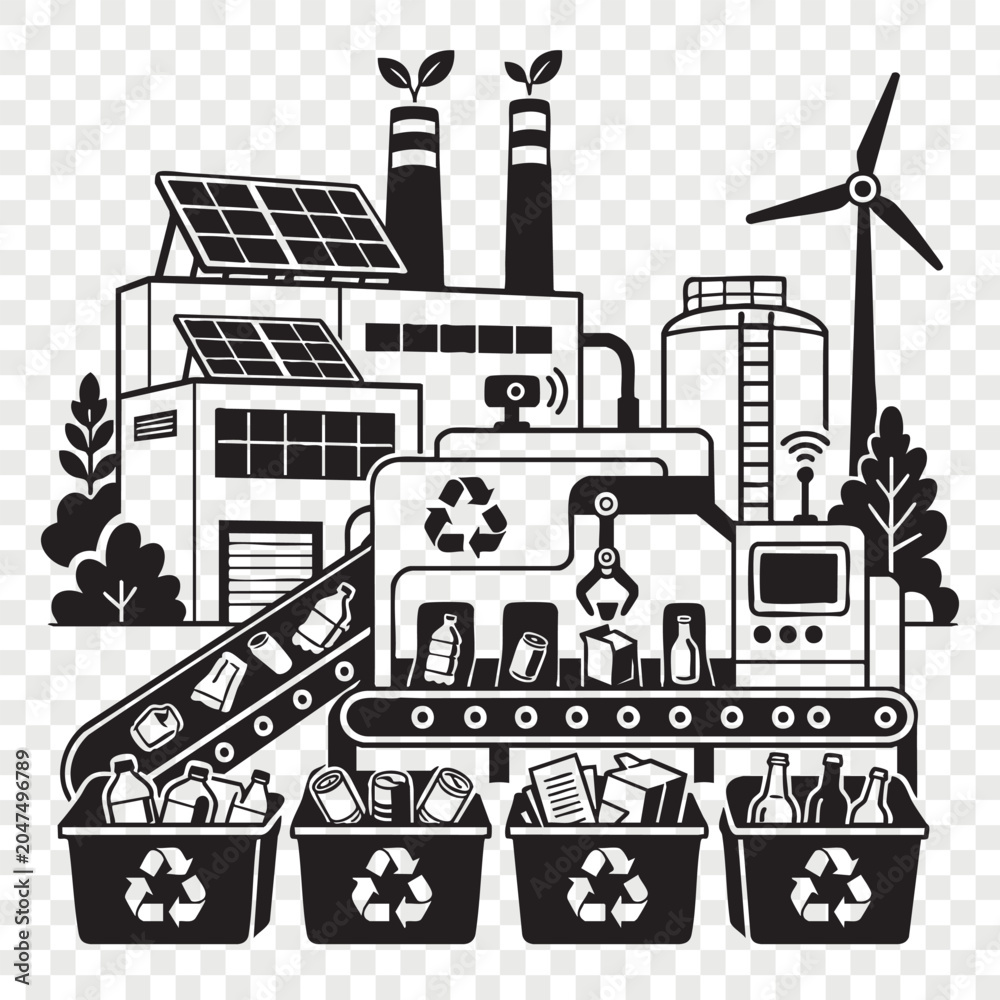 Fototapeta premium Sustainable industrial factory building with solar panels wind turbines conveyor belt and recycling waste bins
