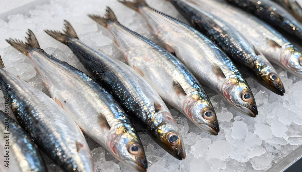 Obraz premium Close-up of fresh whole sardines displayed on crushed ice at a seafood market. Shiny silver fish arranged in rows, highlighting freshness, healthy nutrition, and commercial seafood retail. foto, macro