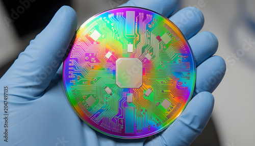 Close-up of a colorful silicon wafer with integrated circuits held by a gloved scientist in a high-tech semiconductor laboratory. Advanced microchip manufacturing, nanotechnology research, innovation
