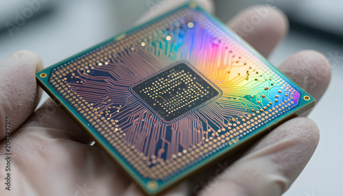 Close-up of an iridescent semiconductor microchip held in a gloved hand, showcasing intricate circuit pathways and advanced electronic architecture. High-tech concept representing intelligent