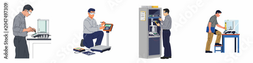 Принти на полотні Professional technicians performing calibration, measurement, and maintenance on various industrial weighing and testing equipment in a laboratory or factory setting