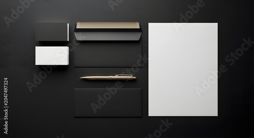 Modern Luxury Brand Identity Mockup with Black and Gold Business Cards and Envelope