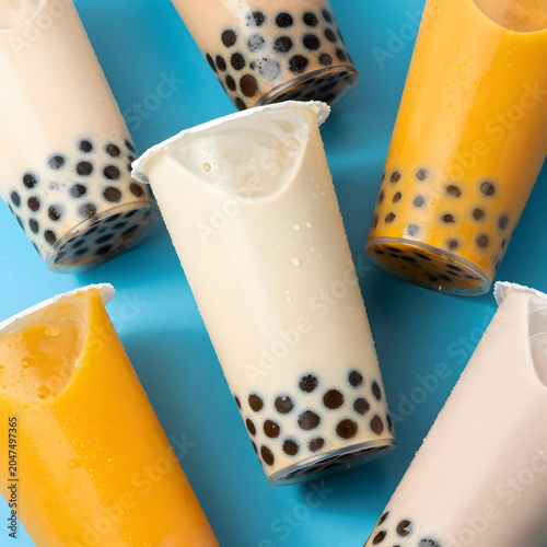 Colorful assortment of bubble tea drinks topped with fresh berries, fruit pearls, granola, and creamy yogurt viewed from above. Vibrant selection of trendy milk teas, smoothies, and dessert beverages 