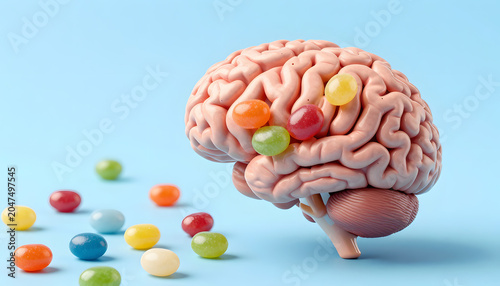Creative conceptual illustration of a human brain surrounded by colorful candy beans on a pastel blue background. Symbolic representation of nutrition, sugar consumption, food choices, cognitive ad,