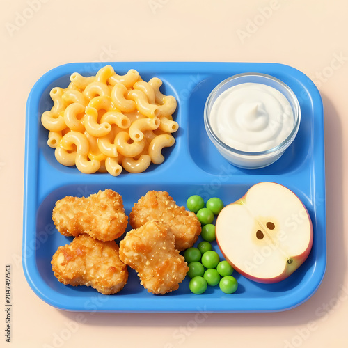 Colorful kids lunch tray featuring creamy macaroni and cheese, breaded chicken nuggets, green peas, fresh apple slices, and a dipping sauce. Healthy and balanced school lunch concept photographed ad