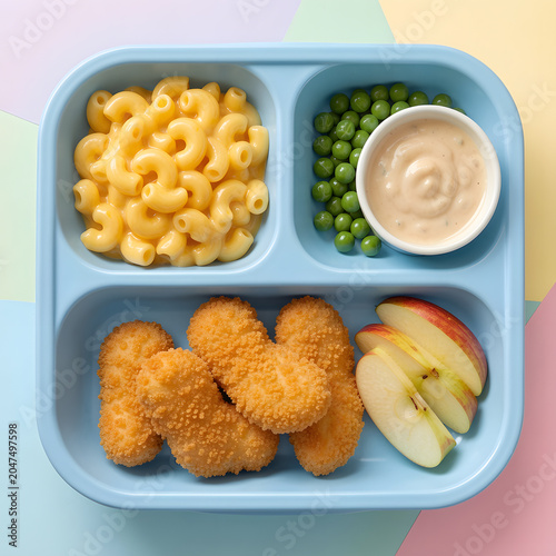 Colorful kids lunch tray featuring creamy macaroni and cheese, breaded chicken nuggets, green peas, fresh apple slices, and a dipping sauce. Healthy and balanced school lunch concept photographed ad