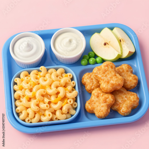 Colorful kids lunch tray featuring creamy macaroni and cheese, breaded chicken nuggets, green peas, fresh apple slices, and a dipping sauce. Healthy and balanced school lunch concept photographed ad