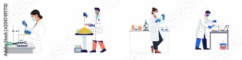 Set of flat vector illustrations showing diverse scientists conducting laboratory research and experiments using various scientific equipment in a modern lab environment.